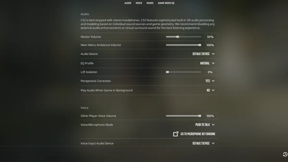CS2 audio settings menu with EQ profile and perspective correction options