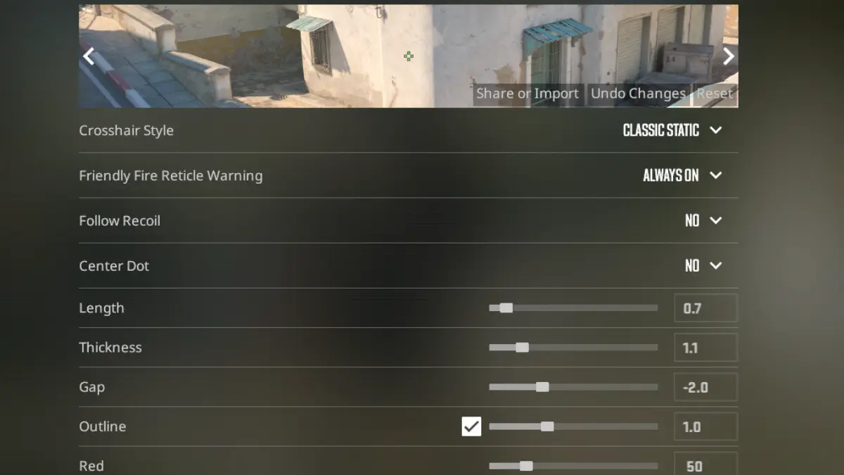 CS2 crosshair settings menu showing a clean static crosshair
