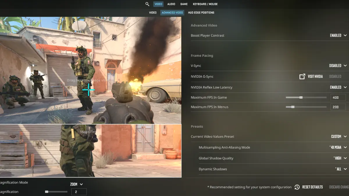 CS2 video settings menu with fullscreen and boost player contrast enabled